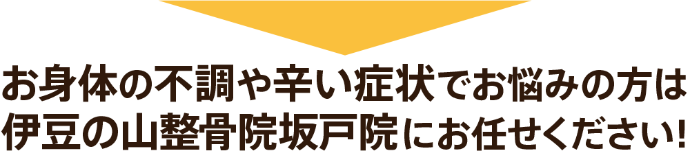 お身体の不調や辛い症状でお悩みの方は伊豆の山整骨院坂戸院にお任せください！